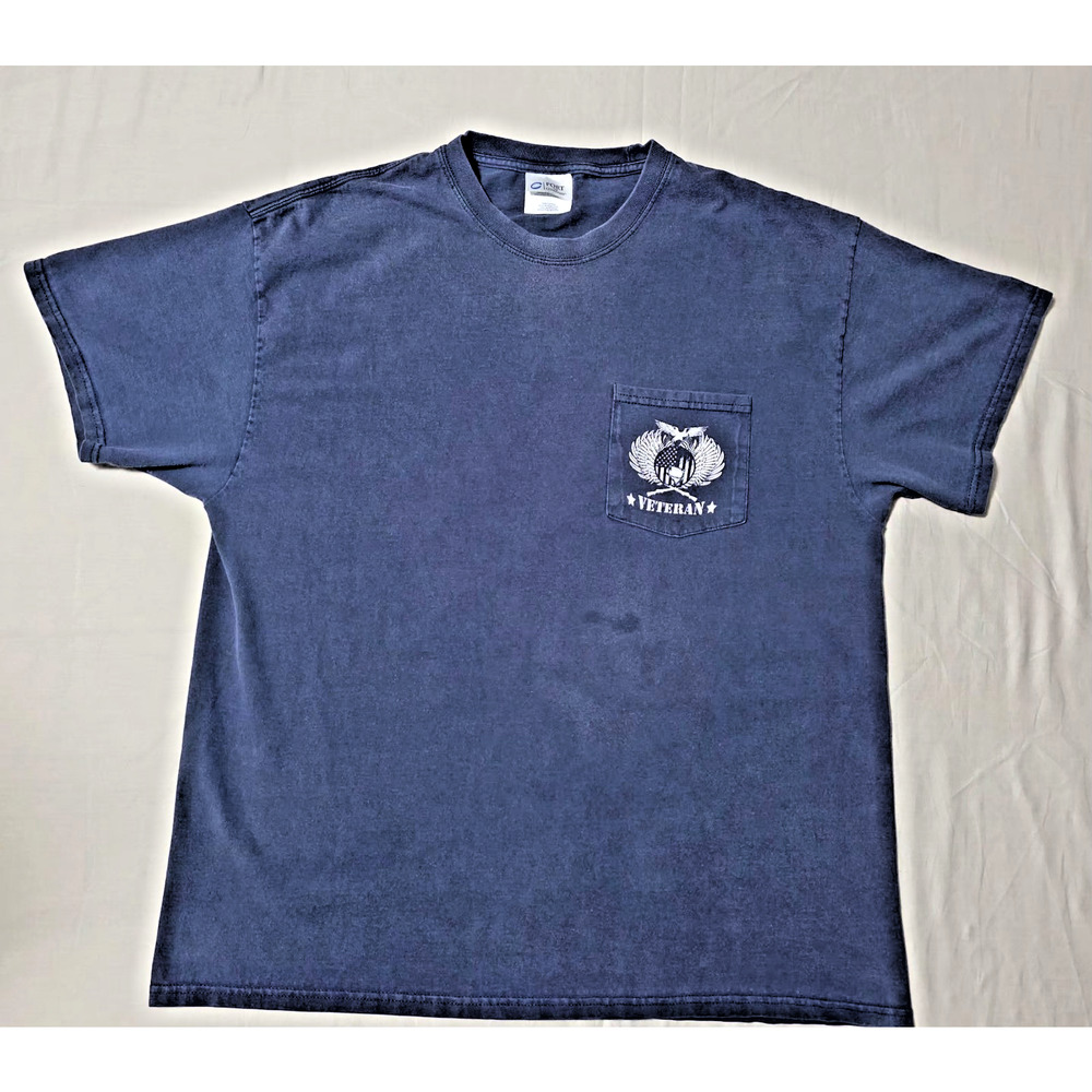 Vintage Port & Company "Veteran" Pocket T-Shirt Adult XL Blue Double Sided